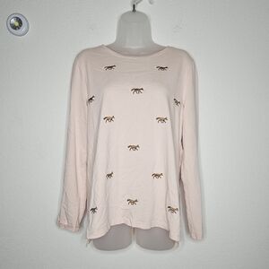 Talbots Cotton Light Pink Long Sleeve Sweater Top Embroidered Fox Novelty Print
